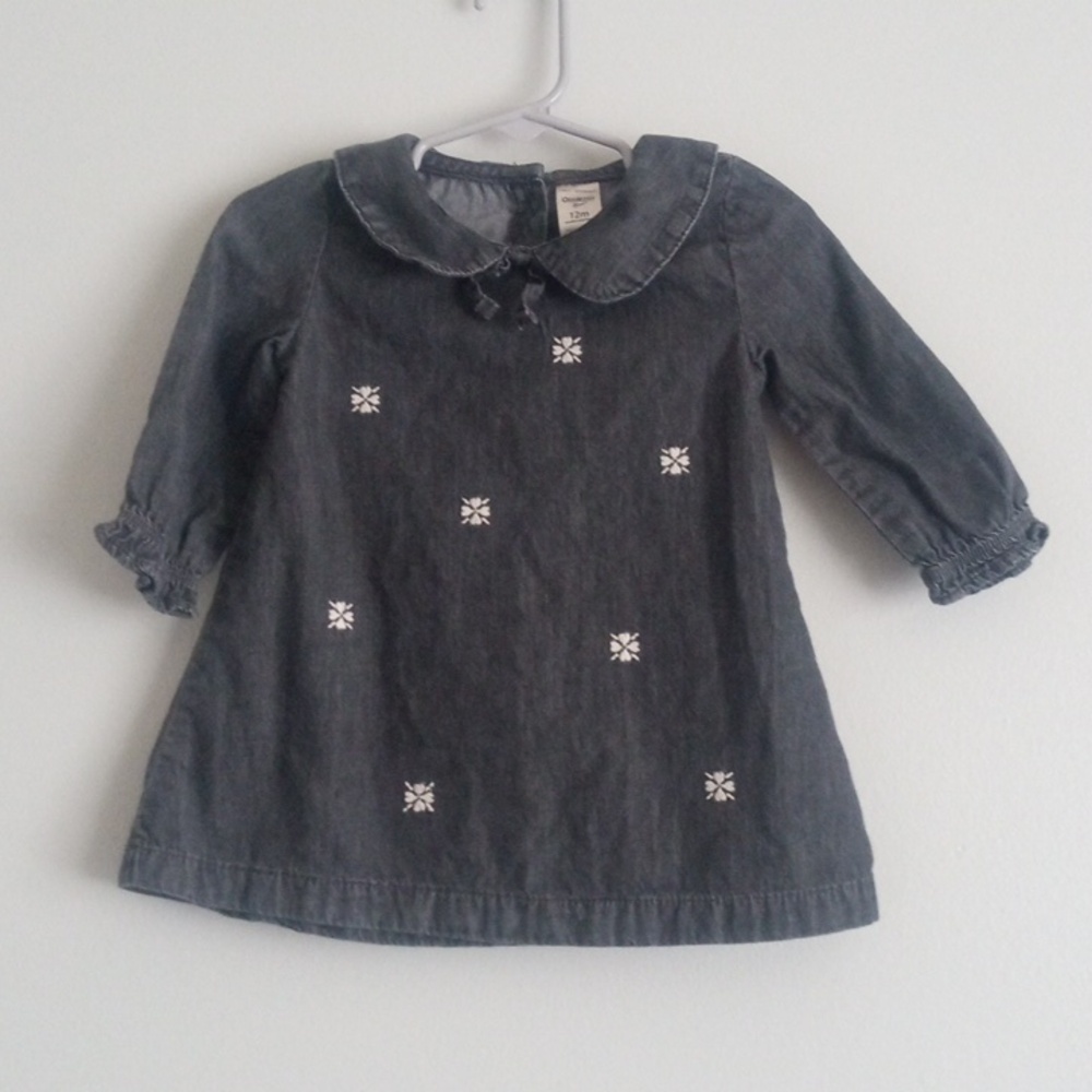 Carters Dark Gray Embroidered Denim Dress with Peter Pan Collar